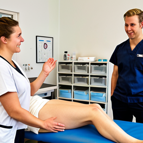 **Image Prompt:** A young, enthusiastic physical therapist (fysiotherapeut) in their first weeks at a modern Dutch "praktijk" (clinic). They are actively observing the routines, asking questions about the "EPD" (electronic patient dossier) system, and shadowing an experienced colleague who is showing them around. The scene should convey a sense of being overwhelmed but eager to learn and integrate into the team. The environment should feel like a clean, well-lit, and organized physiotherapy clinic in the Netherlands.