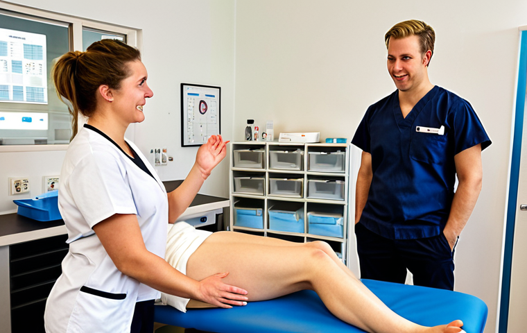 **Image Prompt:** A young, enthusiastic physical therapist (fysiotherapeut) in their first weeks at a modern Dutch "praktijk" (clinic). They are actively observing the routines, asking questions about the "EPD" (electronic patient dossier) system, and shadowing an experienced colleague who is showing them around. The scene should convey a sense of being overwhelmed but eager to learn and integrate into the team. The environment should feel like a clean, well-lit, and organized physiotherapy clinic in the Netherlands.
